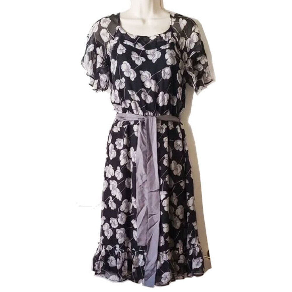 Sundance Silk Petal Sleeve Smocked Waist Dress XS Black Gray Lavender
